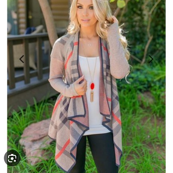 Staccato Sweaters - Staccato Tan and Red Plaid Cardigan
